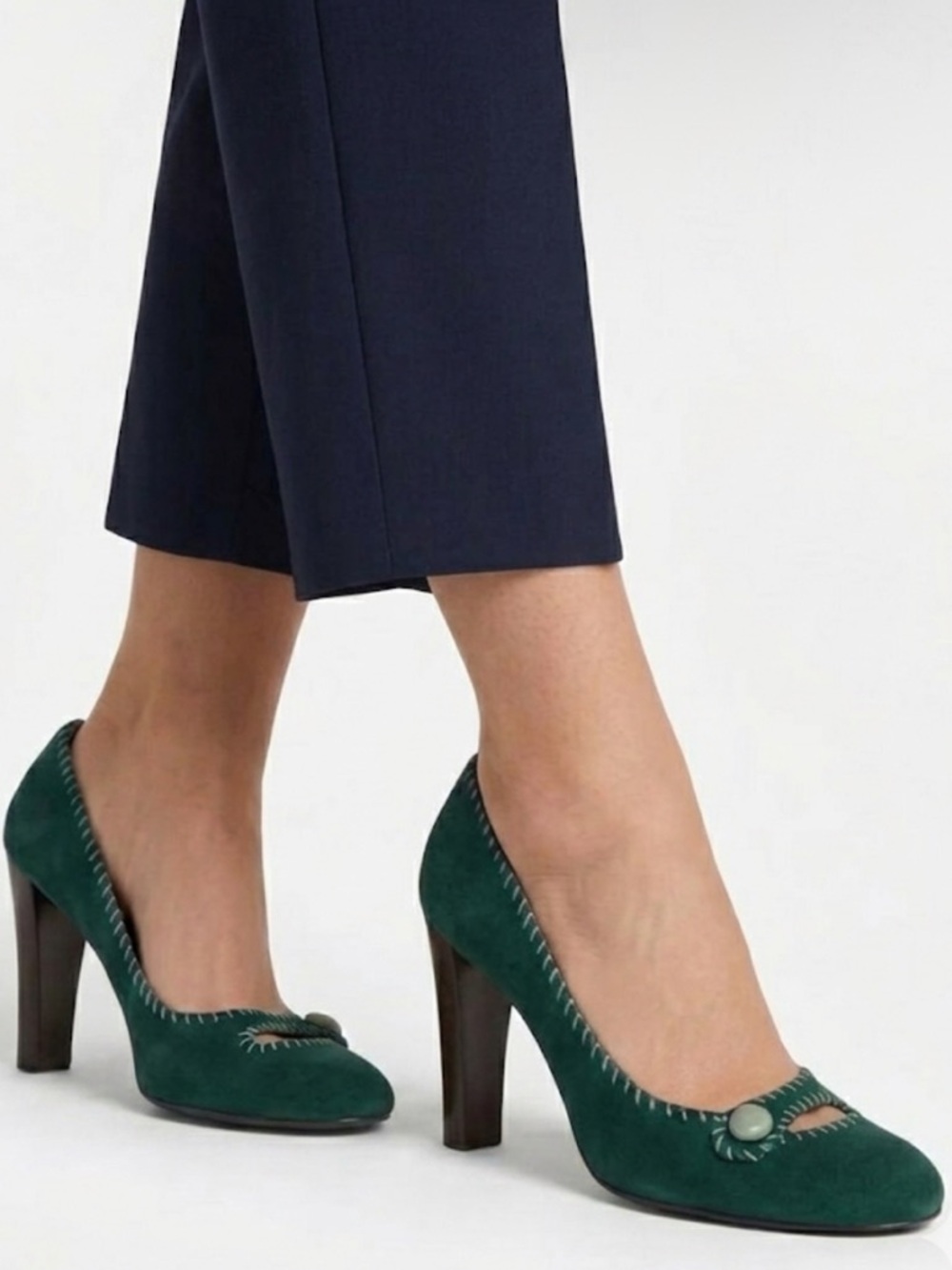 PAZZO Vintage Green Suede Whipstitch Heels Ivory Button Detail 7M